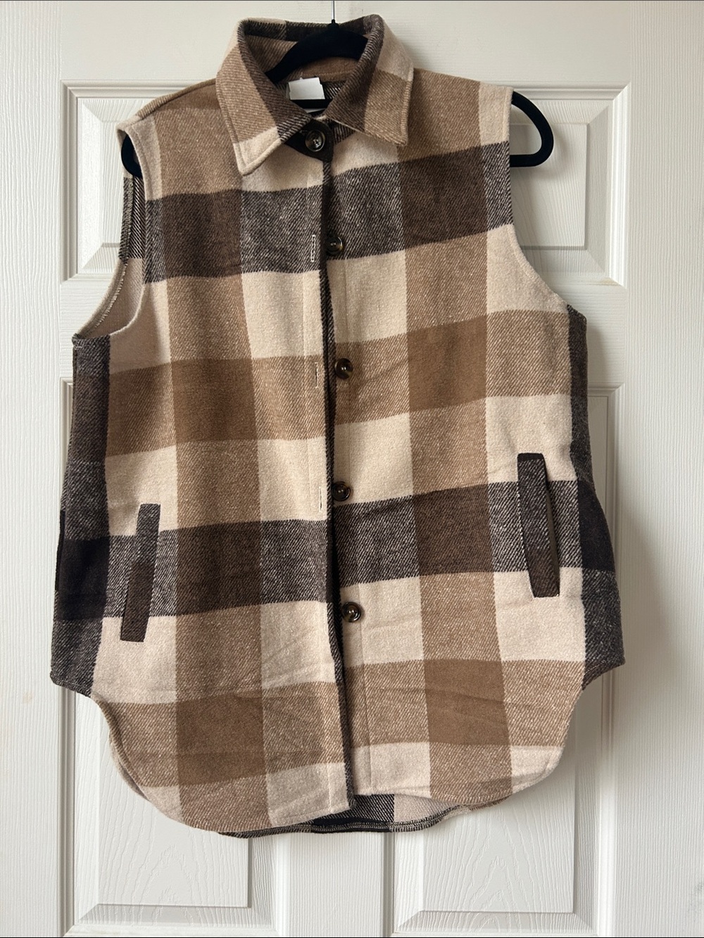 Plaid Button-Front Vest in Beige and Brown